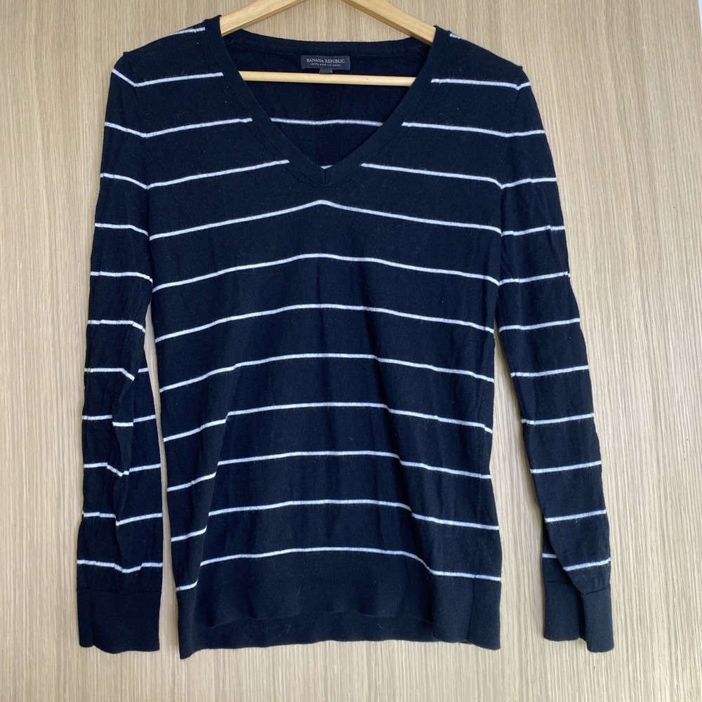 Banana Republic 100% Merino Women Black Classic Prep Nautical Spring Stripes M